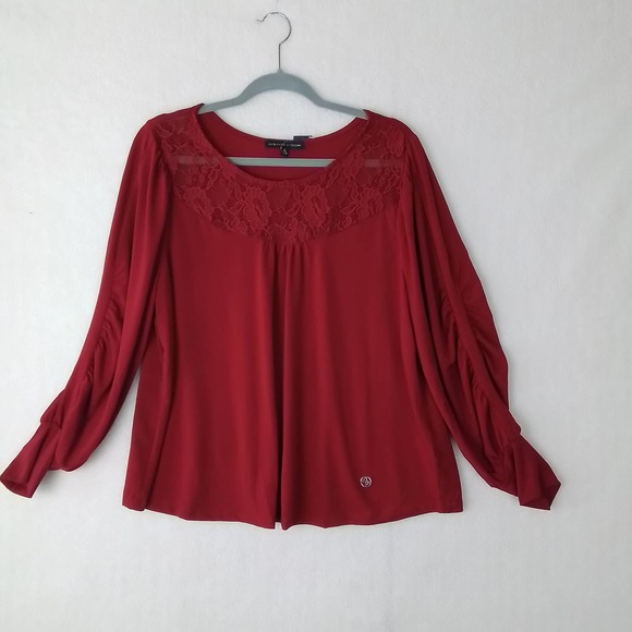 Adrienne‎ Vittadini Long Sleeve Plus Size Blouse 2X in Red w/ Lace - Picture 1 of 11